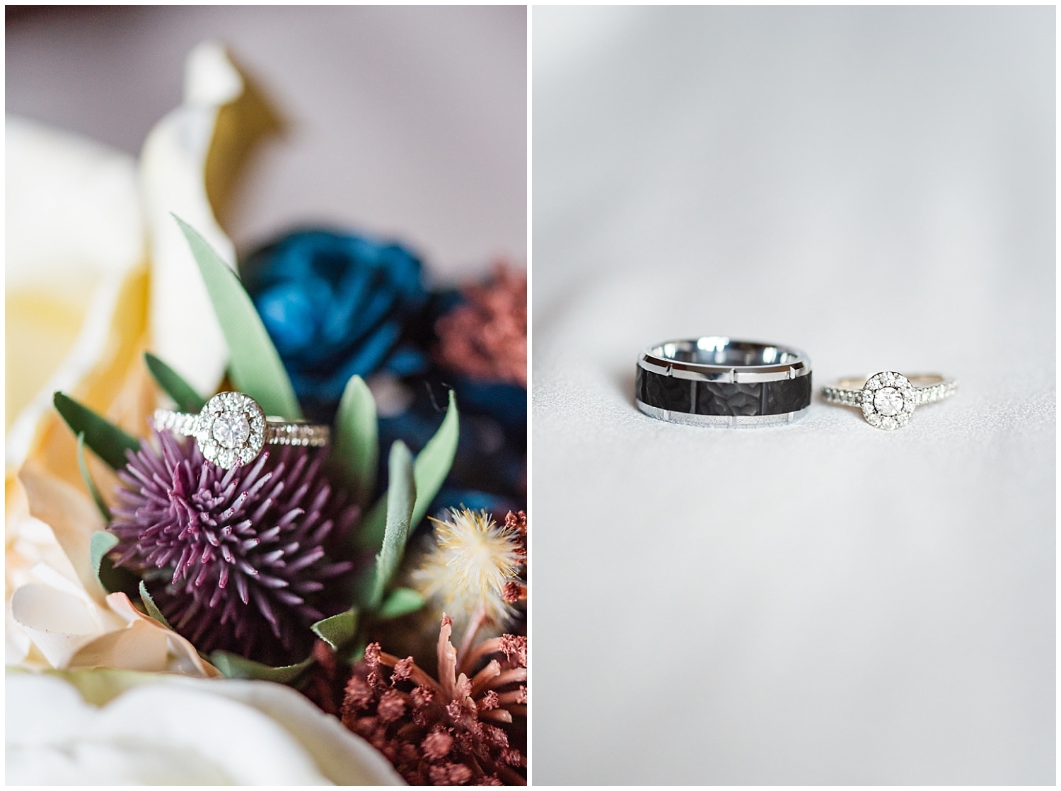 wedding rings sit on bride's bouquet before wedding in the porcupine mountains in Ontonagon Michigan