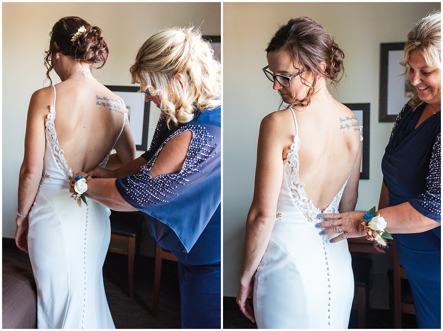 bride's mother helps button her dress