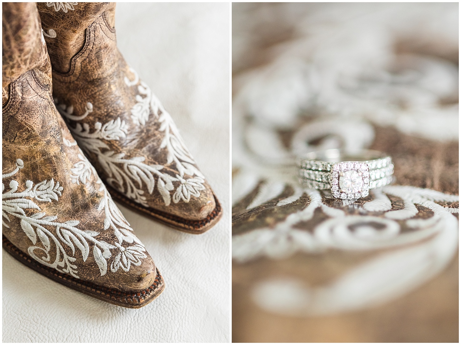 wedding details with embellished cowboy boots and wedding rings