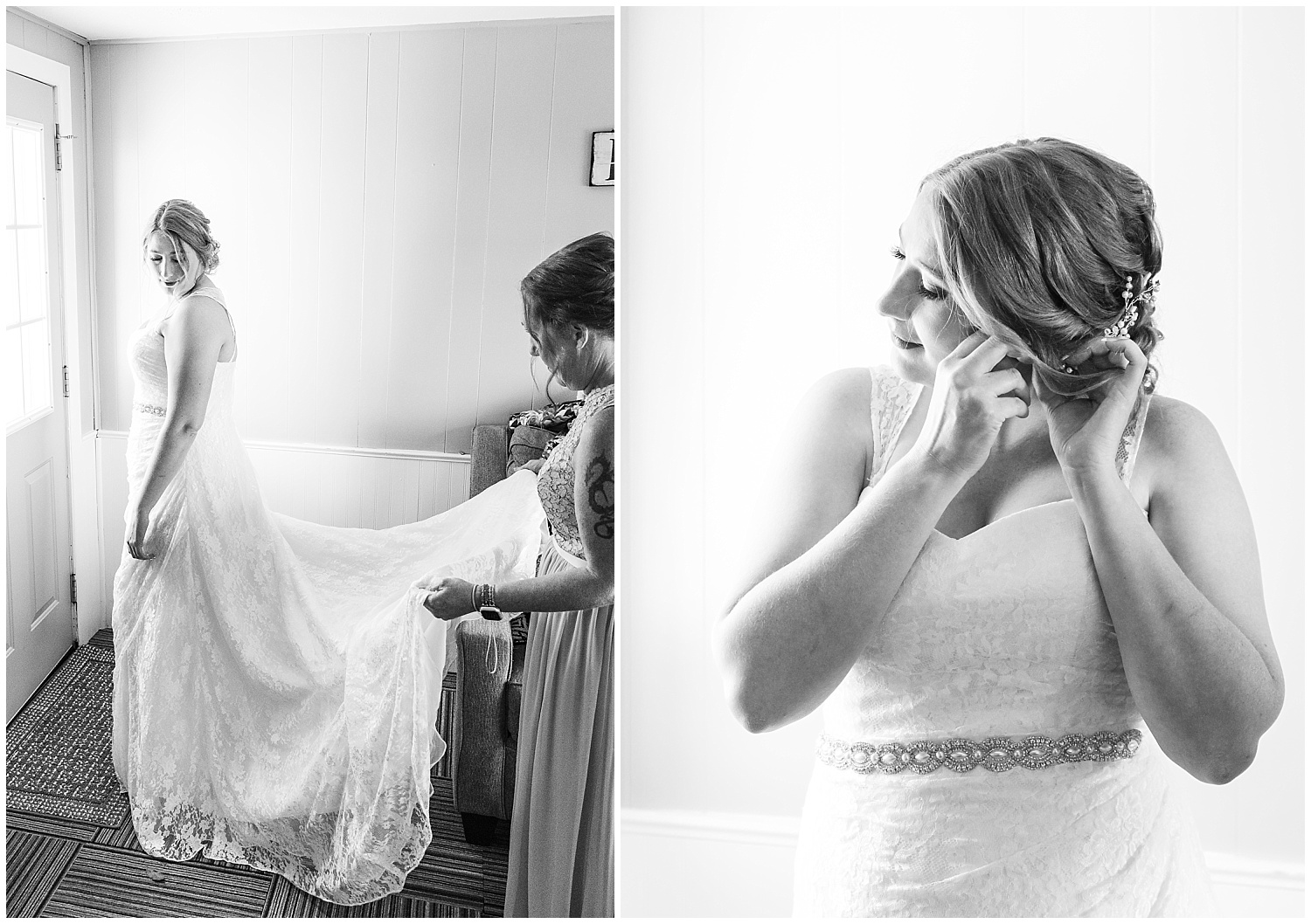 bride getting ready with her maid of honor in curtis michigan ahead of her fall wedding at chamberlin ole forest inn