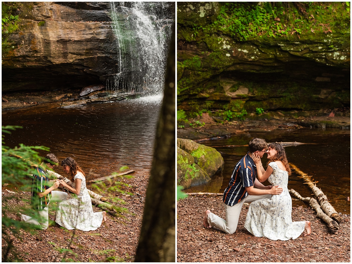 surprise proposal in front of waterfall in the upper peninsula of michigan