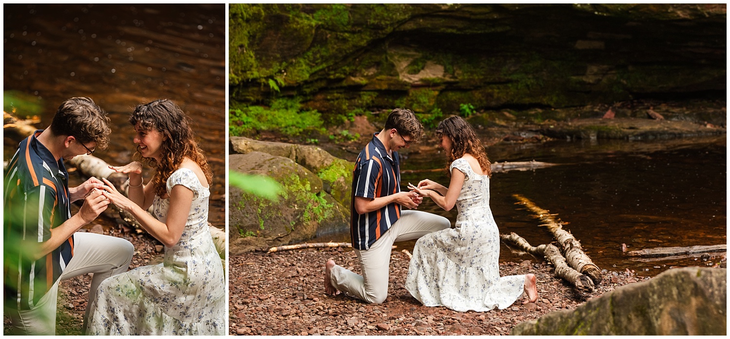 engagement ring after surprise waterfall proposal in keweenaw peninsula