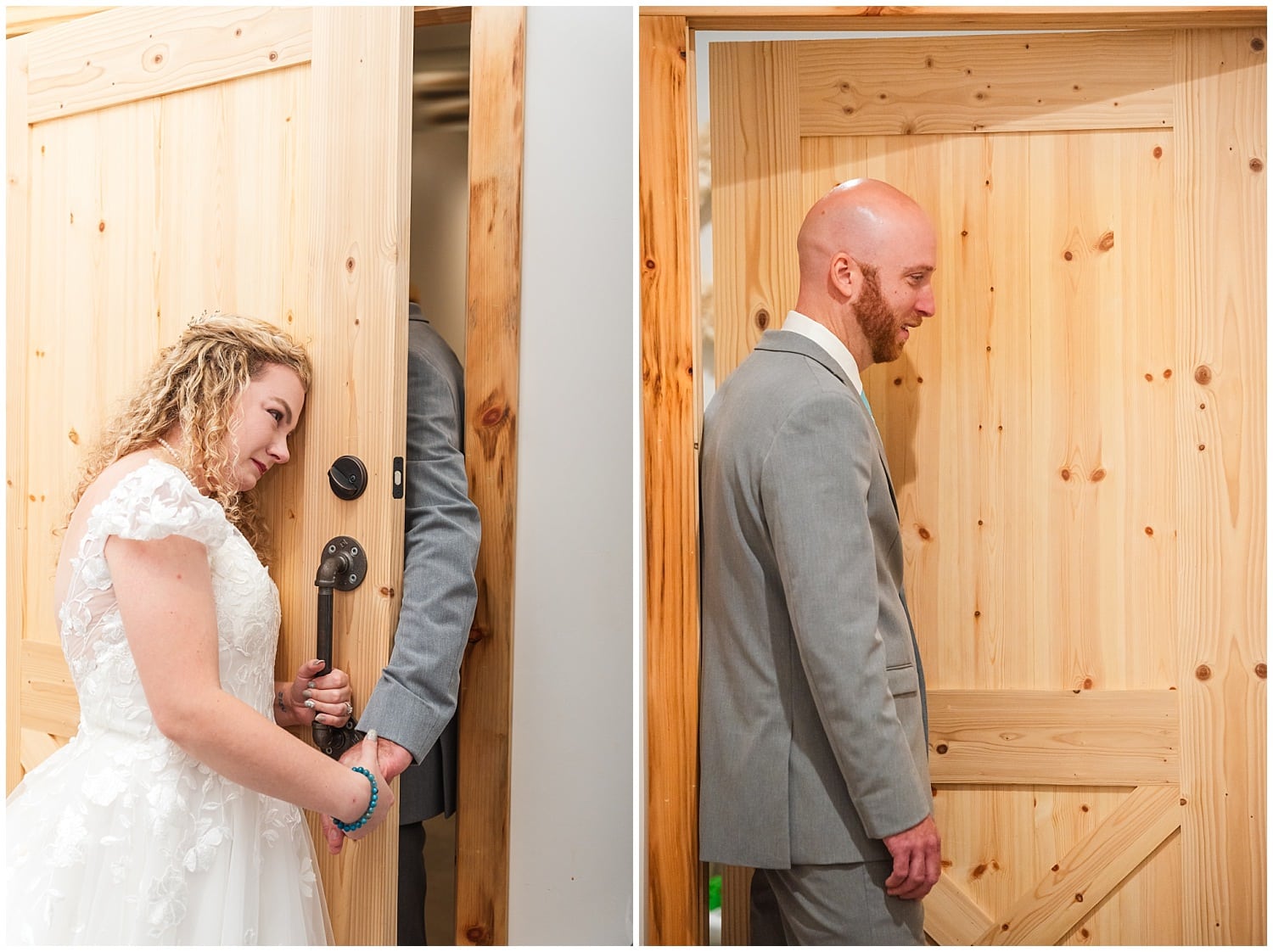 bride and groom share first touch ahead of wedding ceremony