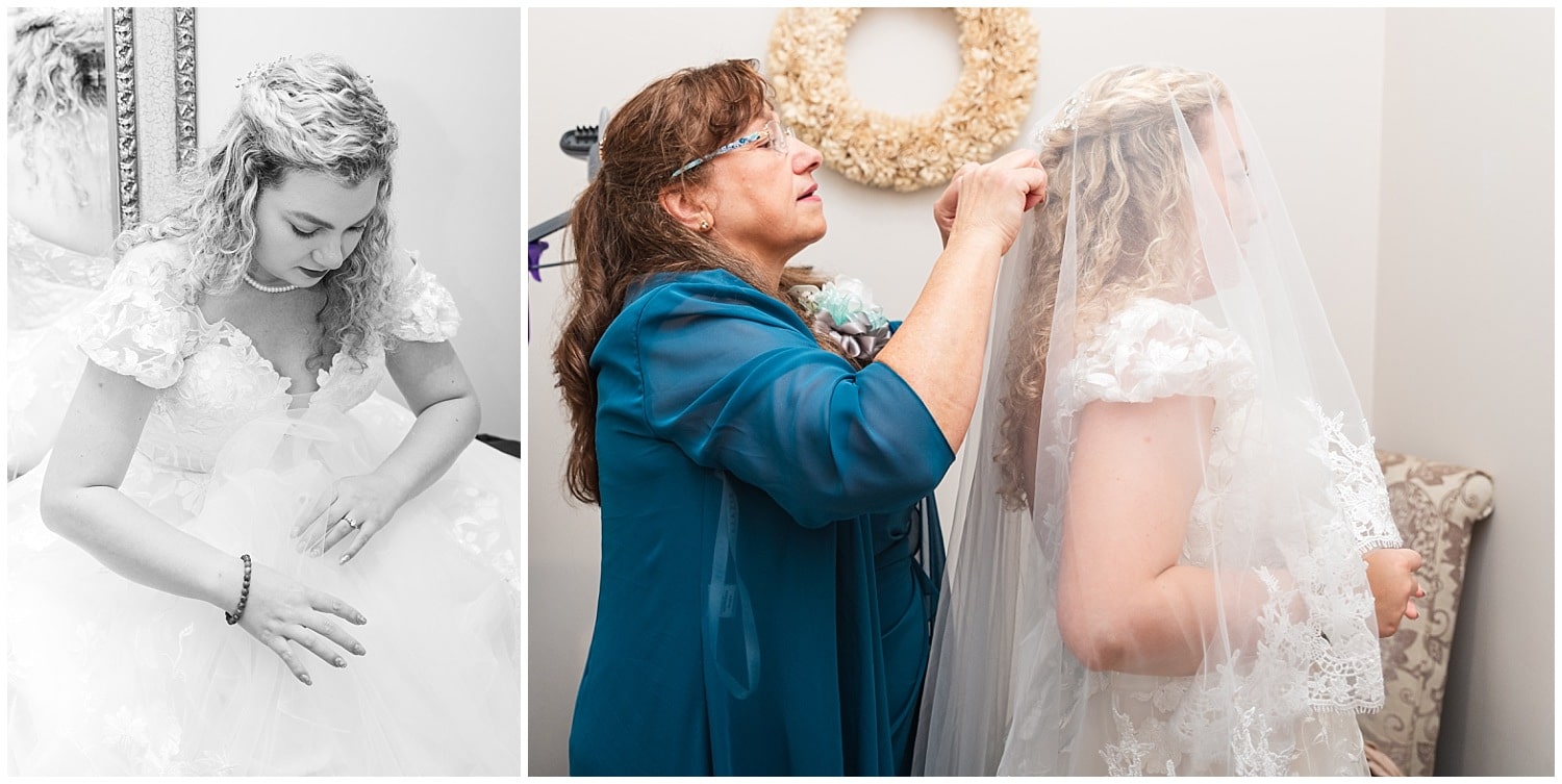 mother helps bride dress for wedding at the up north lodge in gwinn michigan