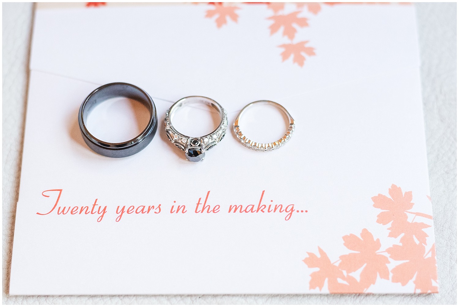 twenty years in the making rings on wedding invitation