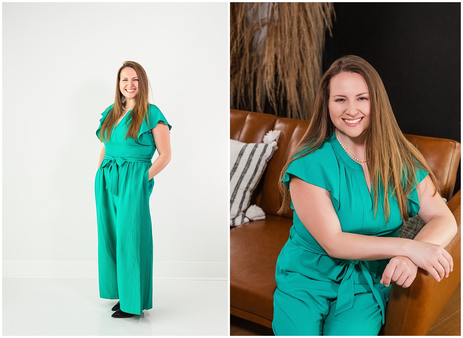 headshot client with green jumpsuit
